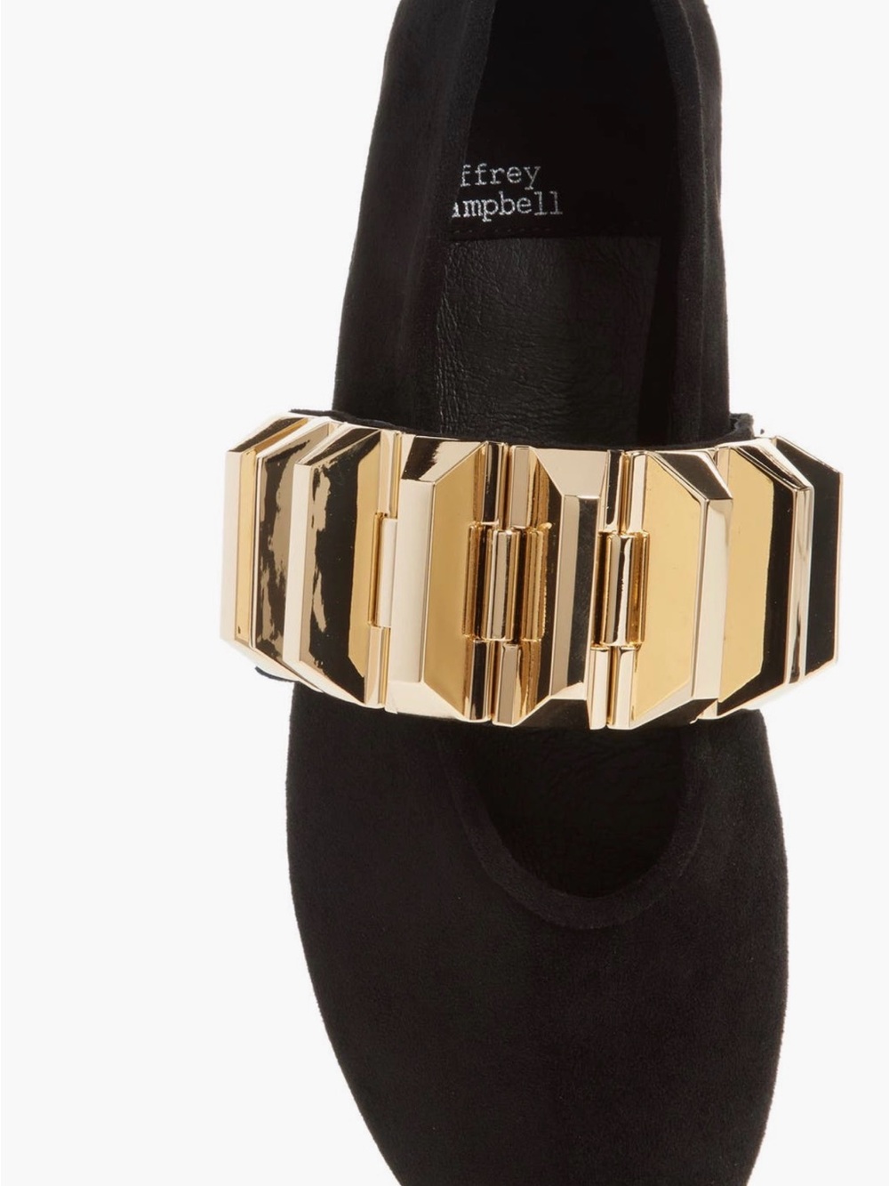 Jeffrey Campbell Black Suede Flat with Bold Gold Geometric Chain